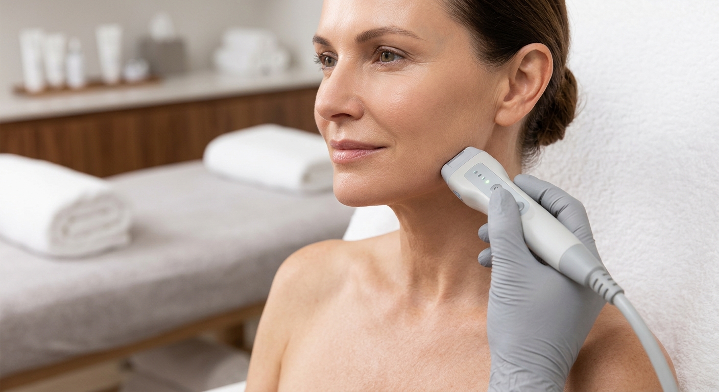 Close-up of a woman's jawline showing improved firmness after Skin Tightening Coral Springs: 3 Powerfu treatment, with a subtle glow in 2026