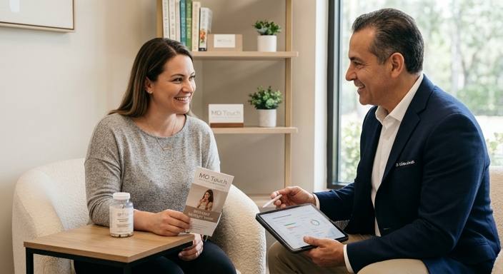 A doctor explaining medical weight loss options to a patient, showing a consultation setting.