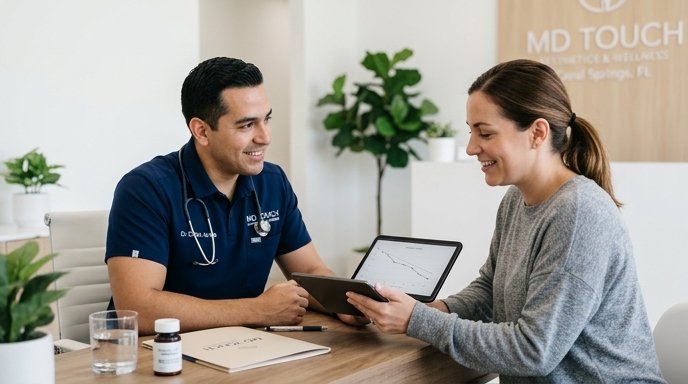 A doctor and patient having a positive, supportive consultation about weight loss, with charts and healthy food items on a table. Professional and encouraging, Medical Weight Loss Journey banner.