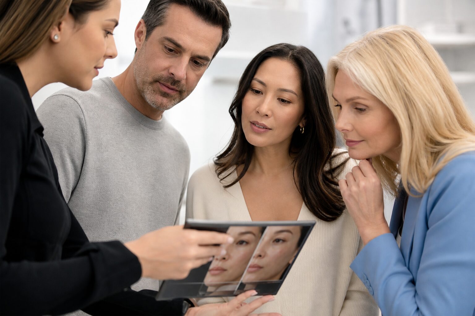 Close-up of two pairs of hands discussing a digital tablet display showing personalized skin analysis results during an Aesthetic Consultation Guide.