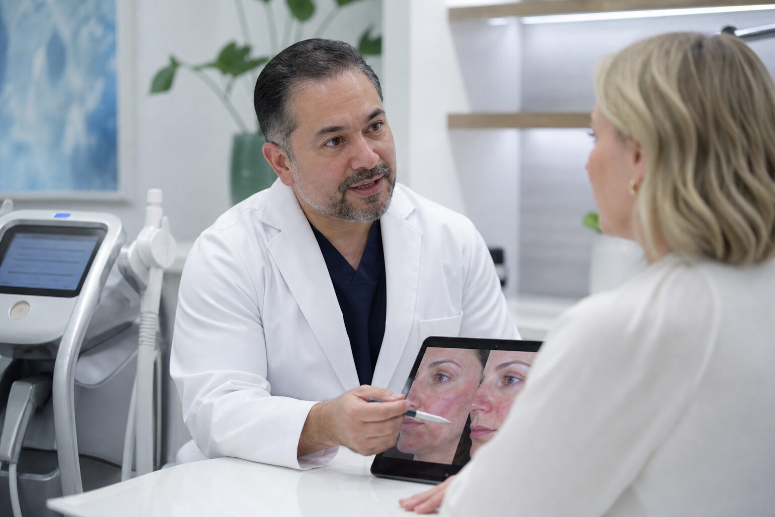 Soothing skincare ingredients interacting with calm skin, hinting at Rosacea Treatment Coral Springs and Florida climate