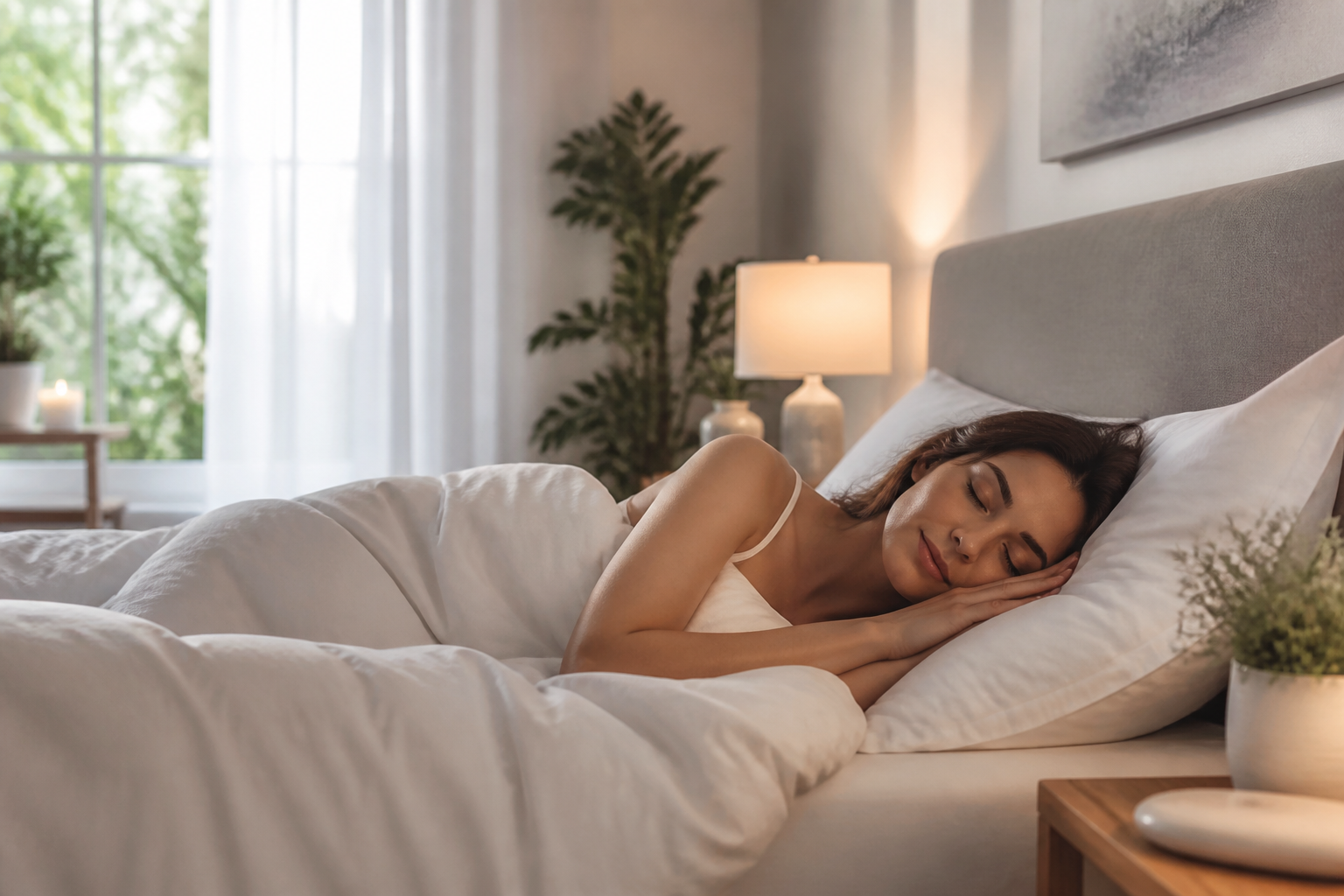 BHRT for Sleep Coral Springs: 5 Powerful Ways to Improve... 1 A serene, modern bedroom scene at dawn, depicting a person waking up refreshed and smiling. Subtle elements suggesting scientific or medical care, such as a stylized DNA helix or a single-leaf plant, are integrated into the background. Emphasize peace and rejuvenation. BHRT for Sleep.