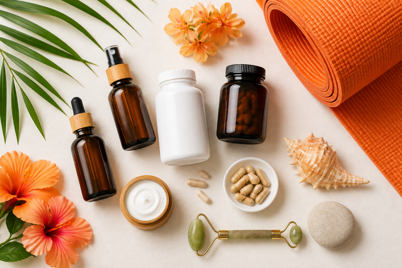Online Wellness Essentials Coral Springs: 9 Amazing Products 1 A vibrant, healthy individual smiling while holding a natural supplement bottle or applying a luxurious skincare product, set against a blurred background of Coral Springs greenery or iconic local architecture. Emphasize wellness, glow, and local connection. Bright, clean aesthetic. Online Wellness Essentials Coral Springs
