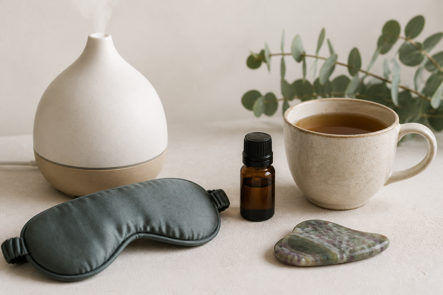 At-Home Wellness Essentials Online: 5 Brilliant Products 2 At-Home Wellness Essentials Online: A close-up shot of various home wellness products including a sleek air purifier, an open journal, essential oil bottles, and a smart water bottle, arranged aesthetically on a wooden table.