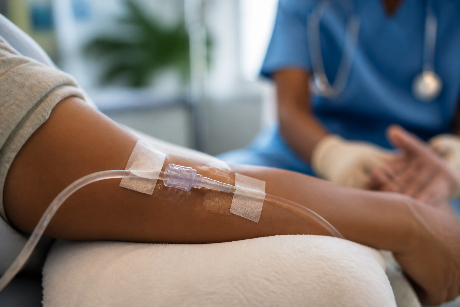 Close-up of an IV drip bag with clear fluids, a comfortable arm with an IV line, and a blurred background depicting the Coral Springs area (e.g., palm trees, natural light). Emphasize hydration and wellness. IV Therapy Preparation Coral Springs