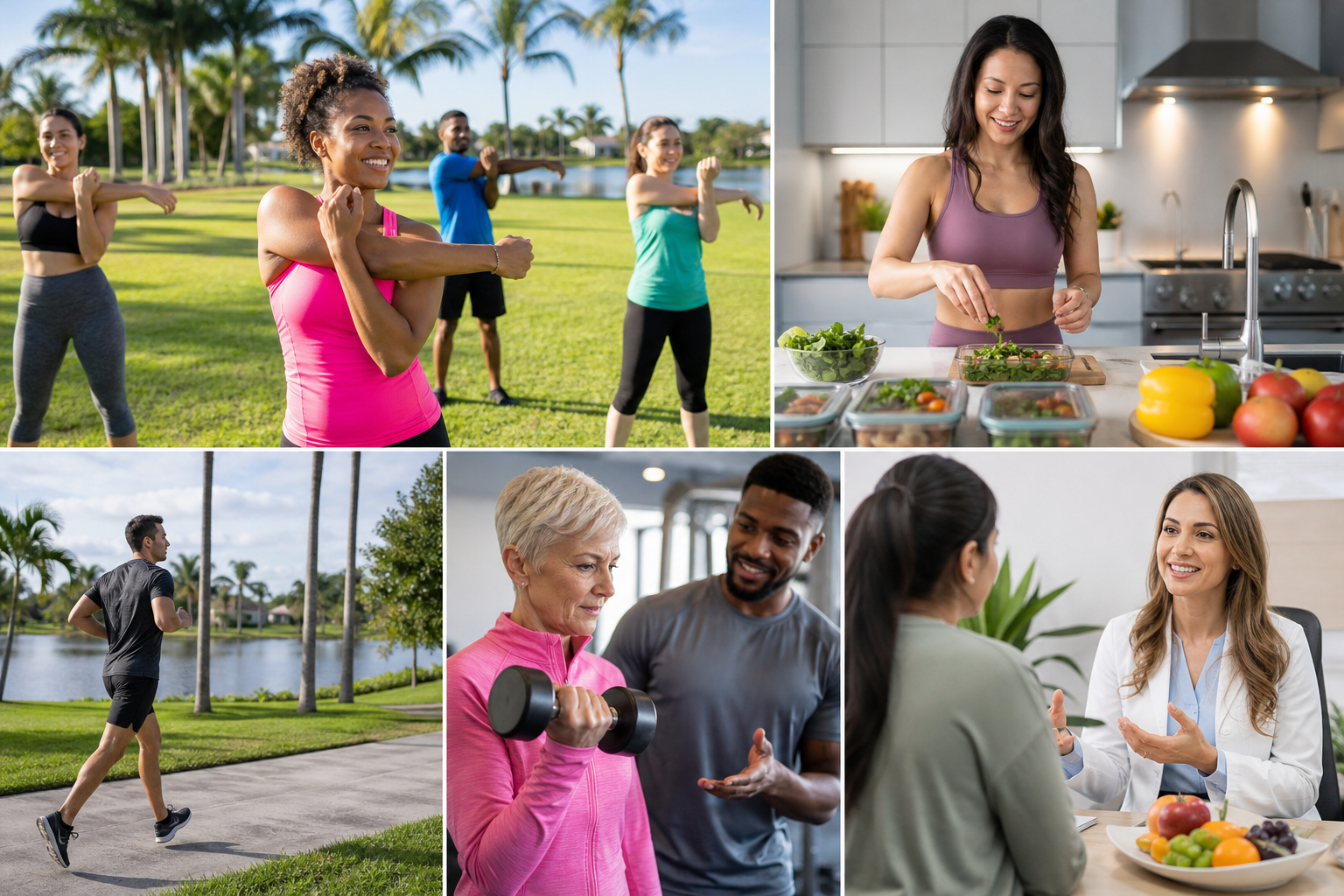 Weight Loss Plateaus Coral Springs: 5 Powerful... 2 A balanced plate of healthy food next to a measuring tape, with a silhouette of someone jogging in a lush park in Coral Springs, depicting progress and overcoming Weight Loss Plateaus Coral Springs. Bright, encouraging, 16:9 aspect ratio.